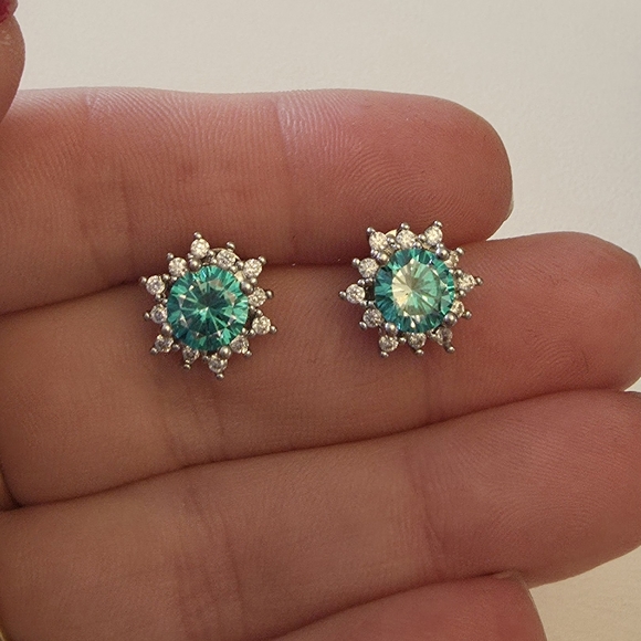 Turquoise Moissanite Flower Stud Earrings - Picture 4 of 5